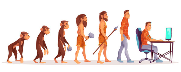 Human evolution of monkey to modern man programmer, computer user isolated on white background. Male character evolve steps from ape to upright homo sapiens, Darwin theory. Cartoon vector illustration - obrazy, fototapety, plakaty