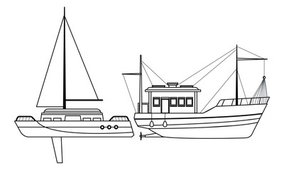 Fishing boat sea travel and sailboat black and white
