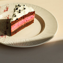 cake piece, souffle and chocolate sponge cake - sweet dessert. top food background. copy space