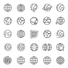 Globe, icon set. Planet Earth, world map in different variations, linear icons. Line with editable stroke © Matsabe