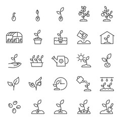 Growing plants. Sprout in the ground. Farming and gardening, icon set. Sprout care, linear icons. Plant in the ground, greenhouse and hydroponic systems. Line with editable stroke