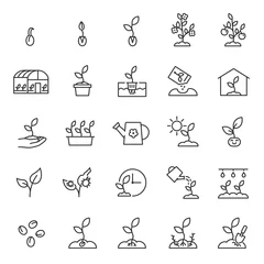 Tuinposter Growing plants. Sprout in the ground. Farming and gardening, icon set. Sprout care, linear icons. Plant in the ground, greenhouse and hydroponic systems. Line with editable stroke © Matsabe