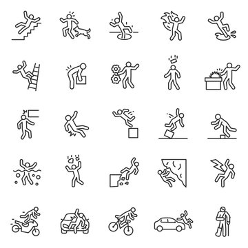 Accident, Icon Set. Falls, Blows, Car Accidents, Work Injury, Etc. People Pictogram. Linear Icons. Line With Editable Stroke