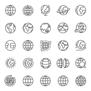 Globe, icon set. Planet Earth, world map in different variations, linear icons. Line with editable stroke