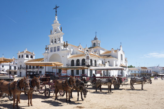 Horse carriage in front of El Rocio church. Huelva, Andalusia, Spain.
