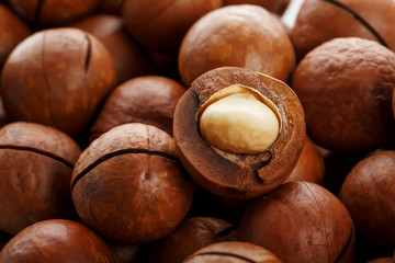 Macadamia nuts in large quantities in bulk in the form of the texture of fresh natural fruit...