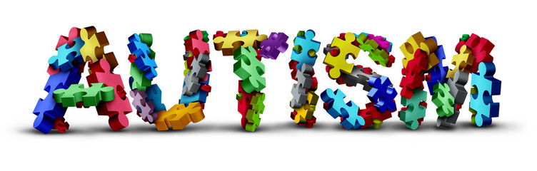 Autistic developmental education and autism disorder puzzle text representing children sand child special learning icon as jigsaw pieces coming together to form text as a 3D illustration on a white ba