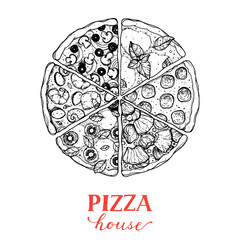 Italian pizza vector illustration. Hand drawn sketch pizza. Italian food. Package design. Pizza slices in a circle. Can used for packaging design.