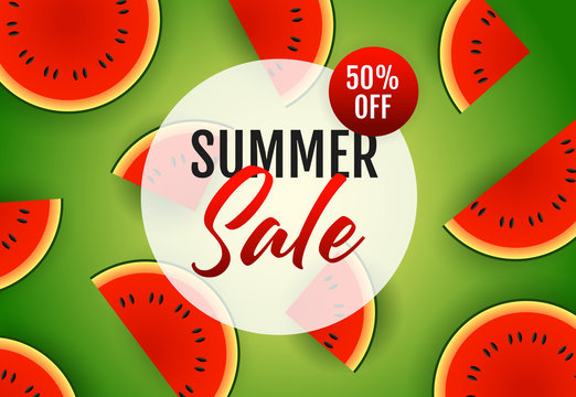 Summer sale lettering with watermelon slices. Tourism, summer offer or sale design. Handwritten and typed text, calligraphy. For leaflets, brochures, invitations, posters or banners.
