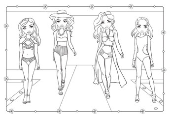 Coloring Book Of Girls In Bikini On Runway