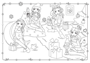 Fototapeta na wymiar Coloring Book Of Girls With Christmas Gifts