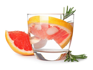 Glass of infused water and grapefruit isolated on white