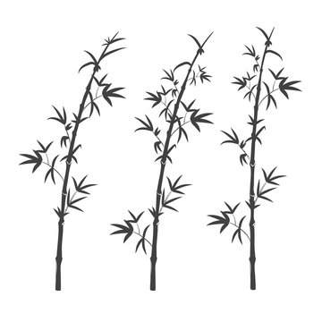 set of black silhouette of a bamboo stalk with leaves. isolated on white background