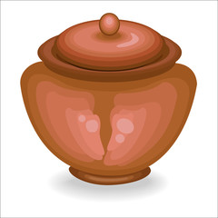 Cookware. Clay pot is necessary for the household in the kitchen. In it they prepare food. Pottery is necessary for a healthy diet. Vector illustration