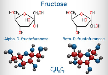 Fructose, alpha-D-fructofuranose, beta-D-fructofuranose molecule. Cyclic form. Structural chemical formula and molecule model