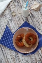 homemade bagels with milk. In the kitchen. 