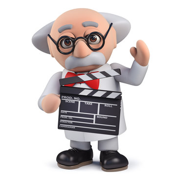 3d scientist character using a film slate to direct a movie