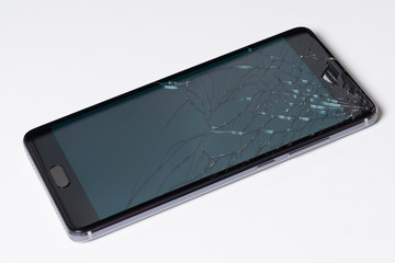 Mobile modern touch screen smartphone with broken screen on white background. - Imagen