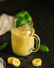 smoothies, banana, fruit, chia seeds and more - healthy food concept, cocktail. food background. top view
