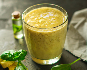 smoothies, banana, fruit, chia seeds and more - healthy food concept, cocktail. food background. top view