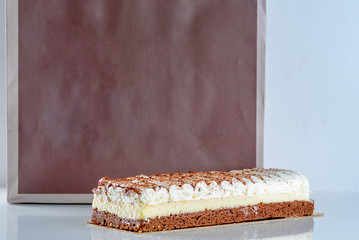 Beautiful Delicious dessert cake. Paper eco package for baking and cooking Ingredient with copy space mockup for text.