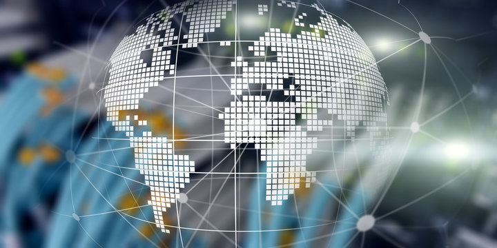 Futuristic modern data center with Holographic 3d planet earth Technology Banner. Telecommunication internet concept
