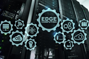  EDGE COMPUTING on modern server room background. Information technology and business concept for resource intensive distributed computing services.