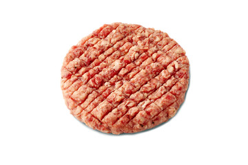 Raw beef patty for burger on white background