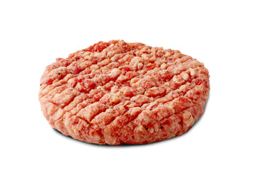 Raw beef patty for burger on white background