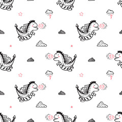 Cute Flying Dragon or Dinosaur Vector Seamless Pattern for Kids. Hand Drawn Doodle Cartoon Funny Fairy Dragons or Dinosaurs with Thunder Rain Clouds and Stars. Baby Background.