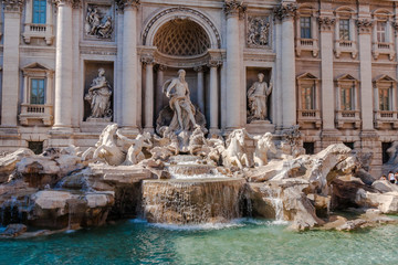 Trevi Fountain, an aqueduct-fed rococo fountain, designed by Nicola Salvi and completed in 1762, with sculpted figures