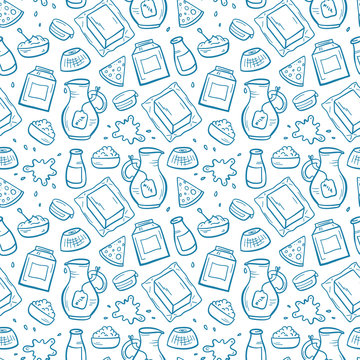 Vector Food Seamless Pattern. Hand Drawn Sketch Doodle Dairy Products Background