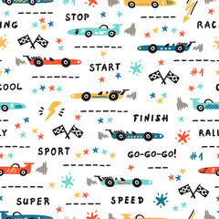 Toy Racing Cars Vector Seamless Pattern with Doodle Sport Car. Cartoon Transportation Background for Kids. 
