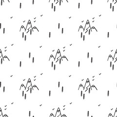 Mountains and Forest Vector Seamless Pattern. Hand Drawn Doodle Mountain with Fir Tree and Birds Silhouettes. Landscape Background.