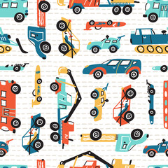 Vector Seamless Pattern with Doodle Toy Racing Cars, Heavy Construction Trucks. Cartoon Transportation Background for Kids. 