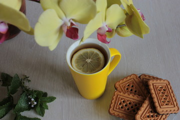 Yellow orchid, mug of tea with lemon and cookies on a wooden background.