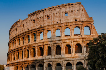 Fototapeta na wymiar The Colosseum or Coliseum, also known as the Flavian Amphitheatre, is an oval amphitheatre in the centre of the city of Rome