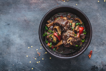 Lamb stew in a pot, asian cuisine, copy space
