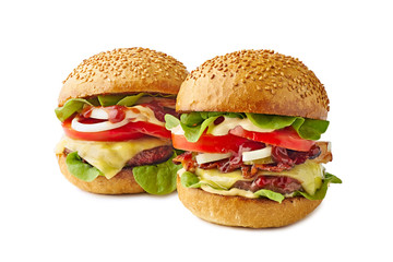 Two big juicy burgers on white background