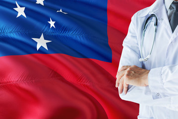 Samoan Doctor standing with stethoscope on Samoa flag background. National healthcare system...