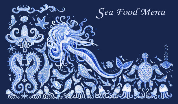 Fairy tale sea animals, fish and beautiful mermaid. Watercolor painting fantasy elements isolated on a dark indigo blue background. Sea food menu decor, tee shirt print, greeting card, invitation