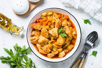 Chicken stew with vegetables, top view.