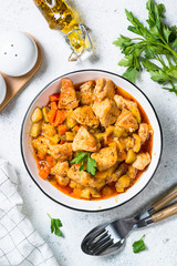 Chicken stew with vegetables, top view.