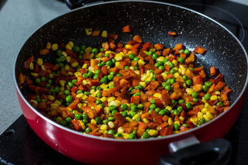 vegetables stew on frying pan colorful tasty sigh from some chef in restaurant 