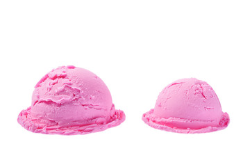 big and small portion of pink ice cream isolated on white background, top view