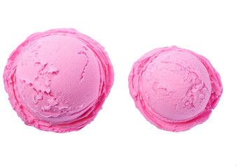 big and small portion of pink ice cream isolated on white background, top view