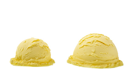 big and small portion of yellow ice cream isolated on white background