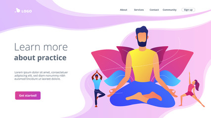 Teacher meditating in lotus pose and tiny people learning to do yoga exercises. Yoga school, open yoga studio, learn more about practice concept. Website homepage landing web page template.