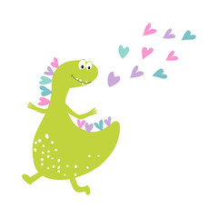 Dinosaur girl jumping and dancing with happiness. Printing of children's cards, Souvenirs, children's fashion. Vector illustration