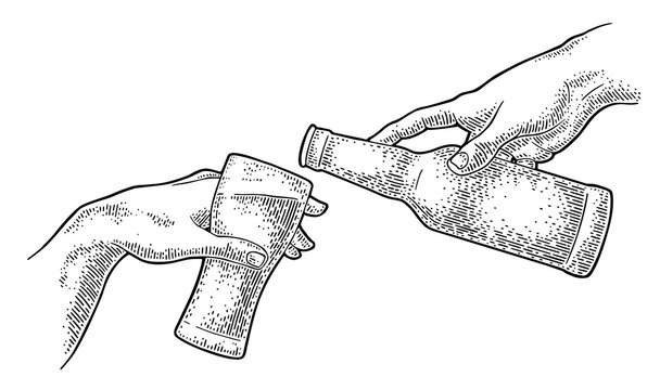 Male finger pouring beer from bottle into glass. The Creation of Adam.